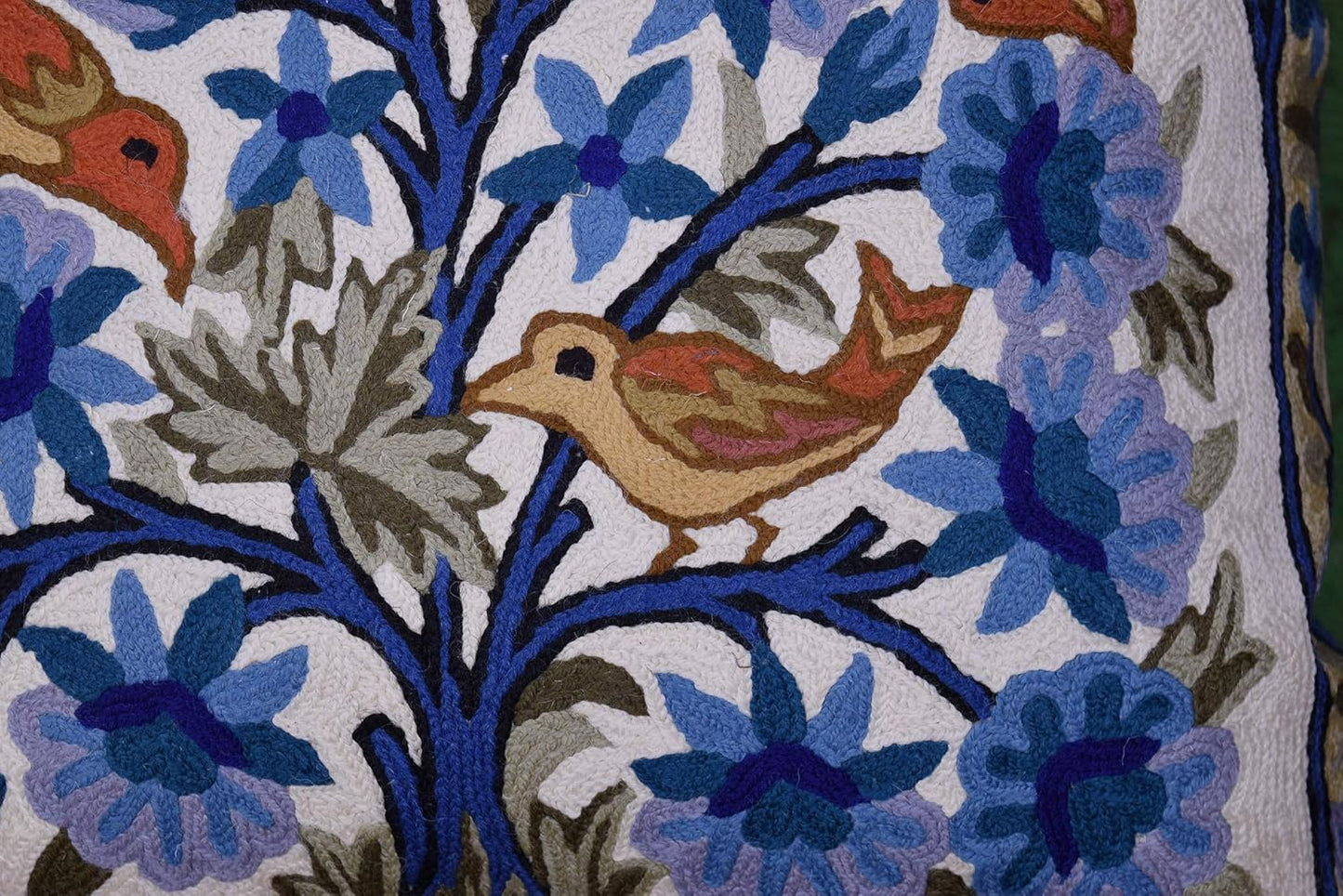 Blue Tree of Life Pillow Cover Blues Birds Floral Decorative Pillowcase Flower Outdoor Suzani Cushion Needlepoint Hand Embroidered Wool Size - 18x18