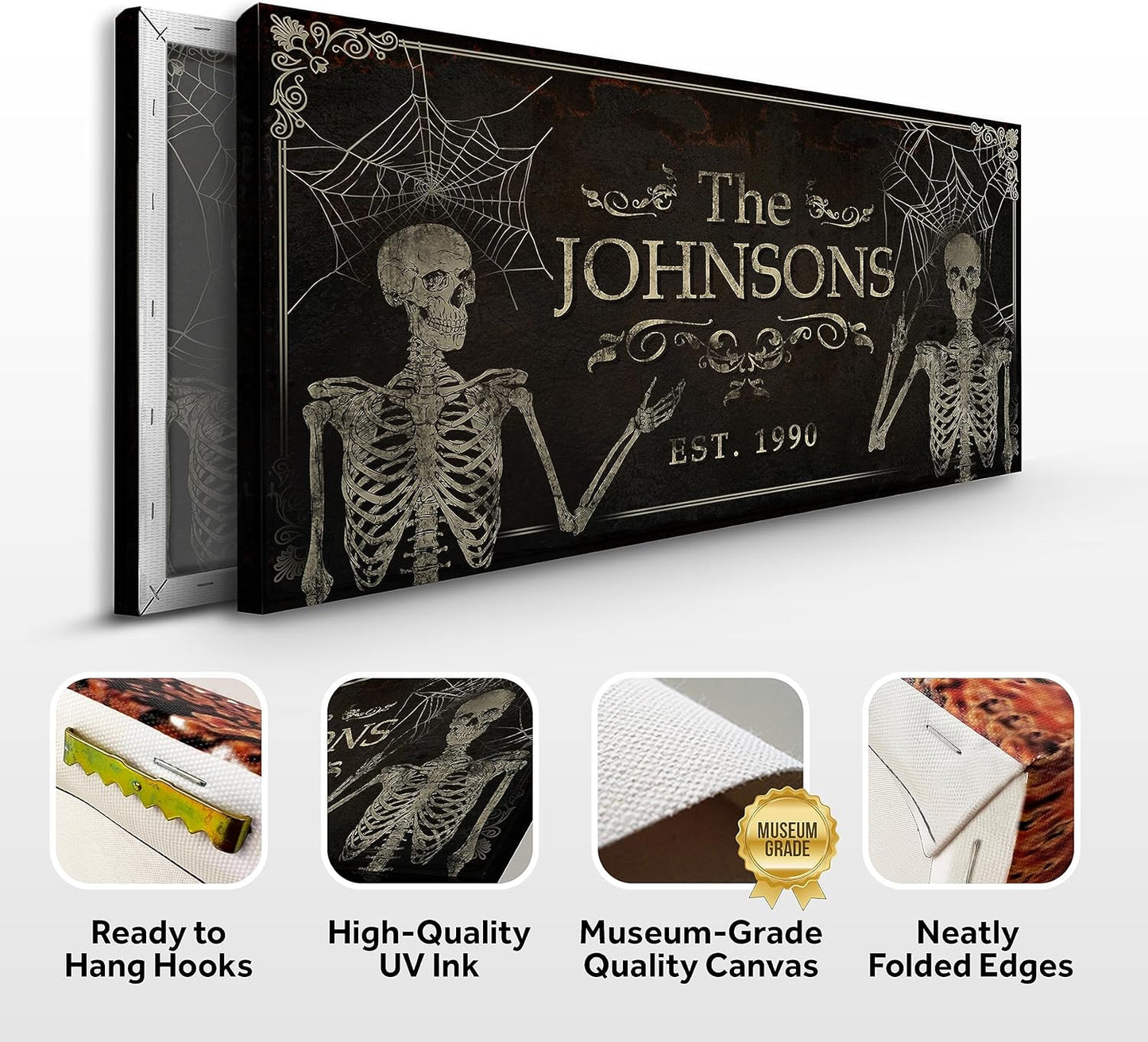 Tailored Canvases Gothic Family Wall Decor - Personalized Grunge Vintage Skeleton Room Decor for Home, Halloween Lovers, Men & Women for Bedroom, Living Room - Goth Spooky, Custom Couple Name, 20"x10"