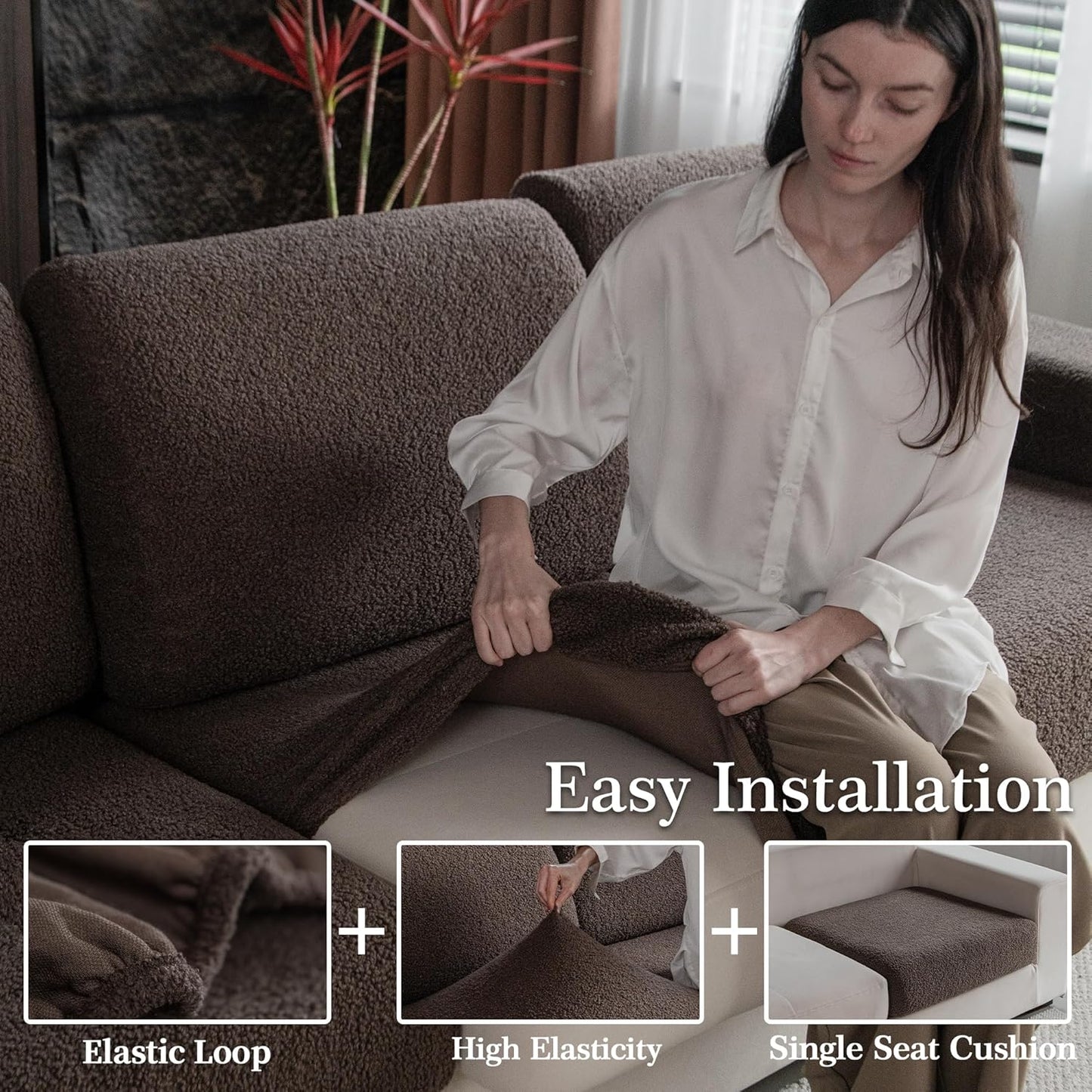 Couch Cushion Covers for Sectional Sofa, Stretch Soft Sofa Slipcovers Washable Wear-Resistant Universal Furniture Protector for Living Room(1 Piece Chaise Cover, Brown)