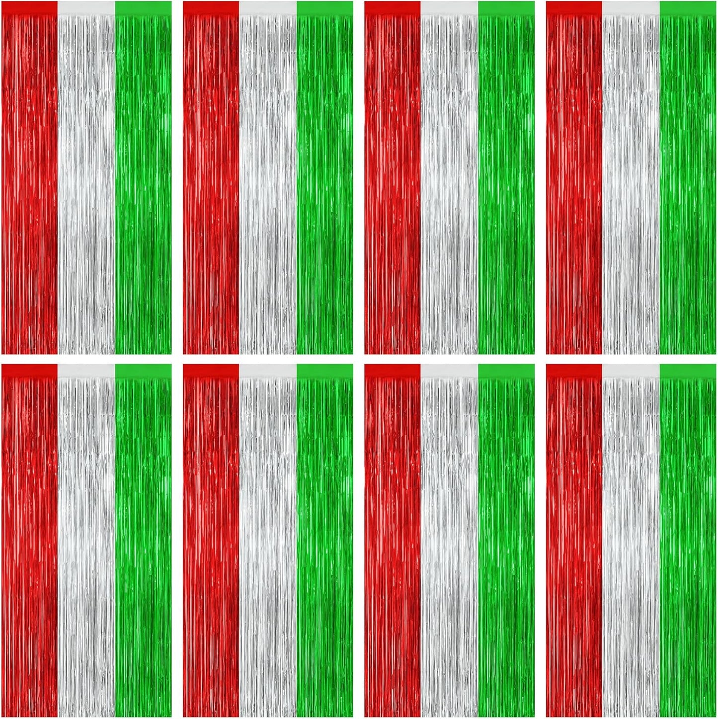 8 Pack Christmas Photo Backdrop, 3.28 FT x 7.05 FT Red Silver Green Party Streamer, Metallic Foil Fringe Curtains Tinsel Backdrop, Christmas Photo Booth Props Door Decor Party Supplies