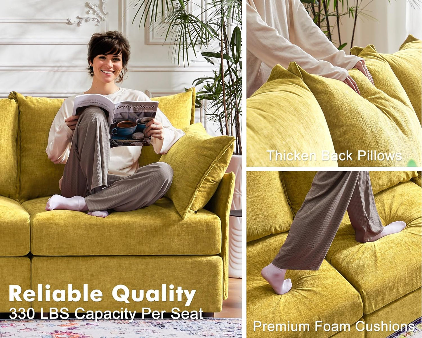 135.5" Oversized Modular Sectional Sofa, L Shaped Convertible Couch with Movable Ottoman, 5 Seat Corner Couches for Living Room Deep Seat Yellow Chenille