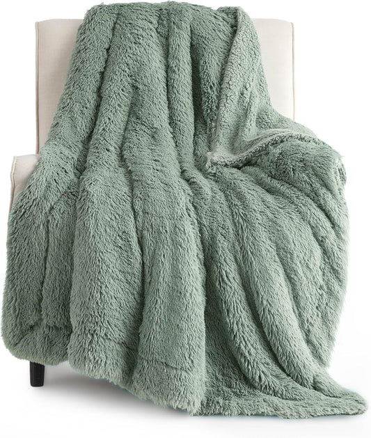 Bedsure GentleSoft Fuzzy Sherpa Faux Fur Twin Blanket Sage Green Cozy Gifts for Women Men, Soft Fleece Plush Warm Minky Thick Blanket Twin Size for Bed, Dorm Essentials Sage Room Decor Gifts, 60x80