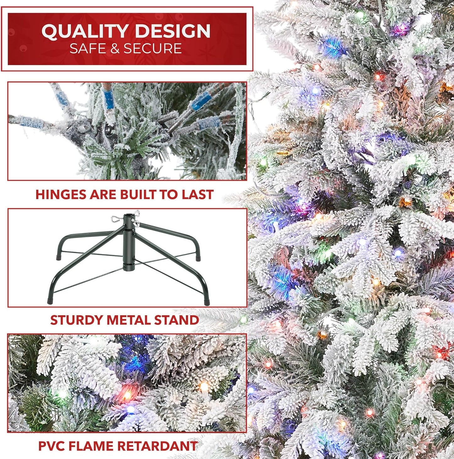 Casafield 6.5FT Pre-Lit Snow Flocked Slim Aspen Fir Artificial Holiday Christmas Tree with White & Multicolored LED Lights, Realistic Noble Fir with Metal Stand