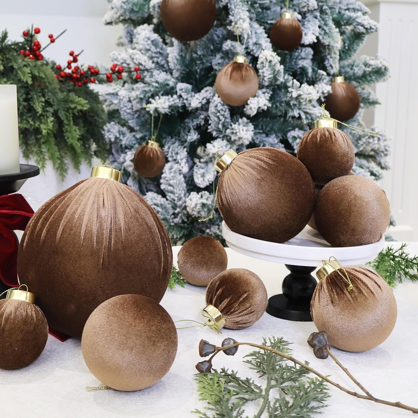 6inch Big Velvet Christmas Ornaments, 2pcs Flocked Ornaments Balls Sets for Christmas Tree Decorations Light Coffee