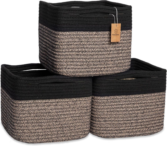 NaturalCozy Storage Cubes 9”x9”x7”Cotton Rope Woven Baskets for Organizing 3-Pack | 9 Inch Cube Storage Bin | Small Basket for Shelf Nursery, Pantry, Decorative Plant, Bathroom Closet, Toy Gift