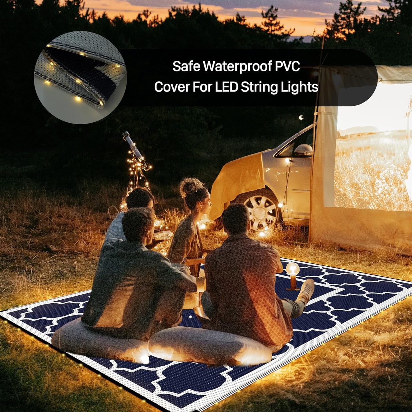 GENIMO 6' x 9' Outdoor Rug Waterproof for Patio Decor, Foldable Reversible Plastic Straw Area Rugs Mat with String Light, Led Carpet for Camper, Rv, Deck, Porch, Picnic, Beach, Balcony, Blue & White