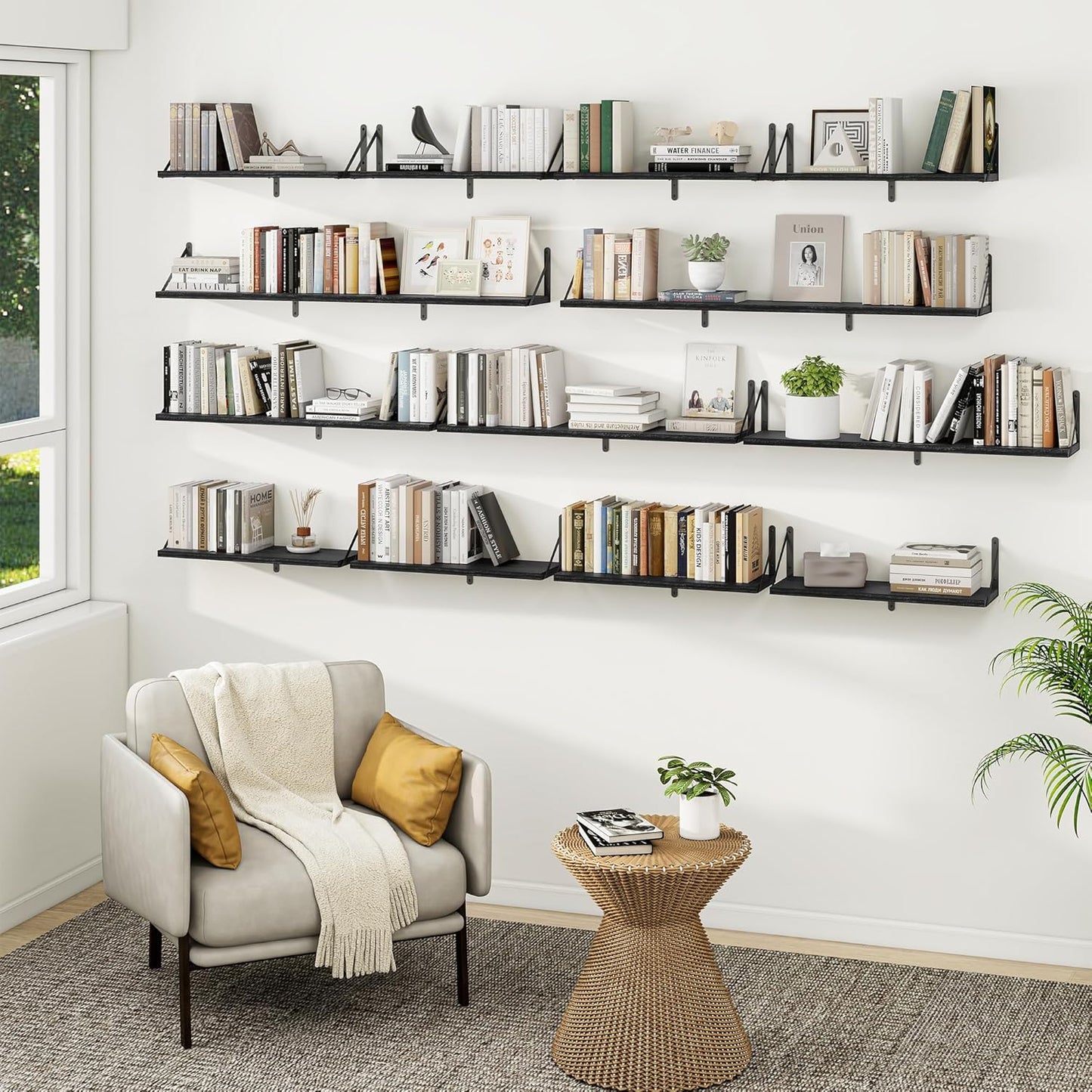 Heimlove 24 Inches Black Floating Shelves,8 Inches Deep Wall Bookshelf Mounted Display&Storage Wood Wall Shelves for Kitchen Bathroom Laundry Living Room,Set of 3