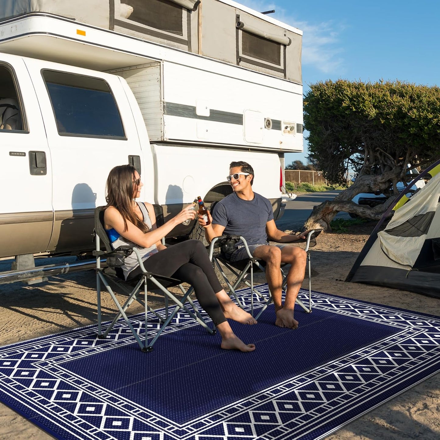 GENIMO Outdoor Rug Waterproof for Patio Decor, 8'x10' Foldable Reversible Plastic Straw Carpet for Travel Trailers, Outside Area Mat for Rv, Deck, Picnic, Porch, Camper, Balcony, Beach, Blue & White