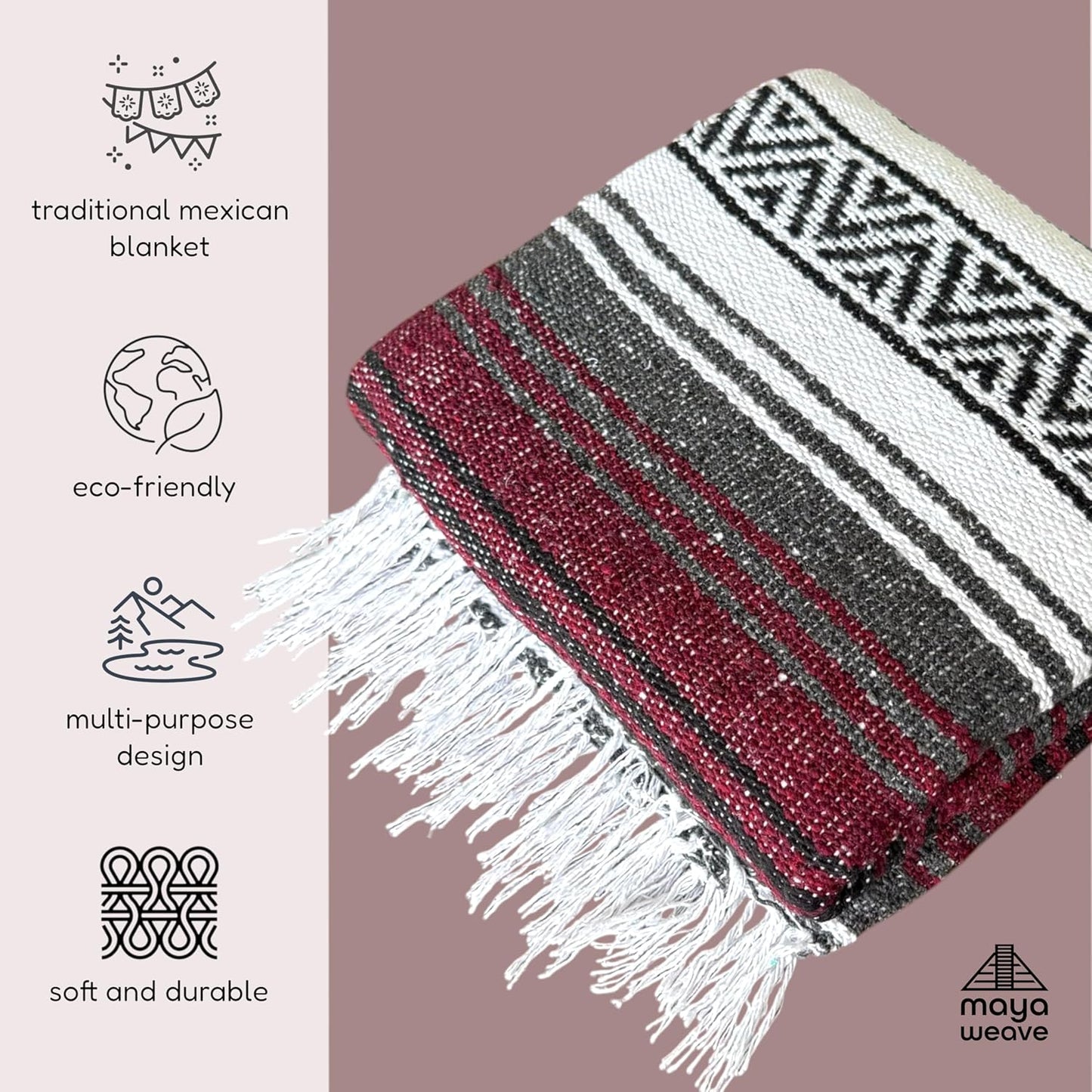 Traditional Handwoven Mexican Blanket, Large Falsa Serape - Soft & Durable - Vibrant Beach, Picnic, Yoga & Camping Mat - Lightweight Boho Throw 70"x50" (Rust)