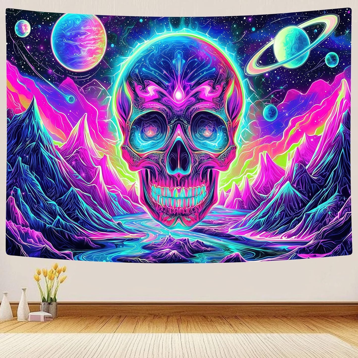 Blacklight Skull Tapestry, UV Reactive Gothic Skeleton Mountain Galaxy Planet Wall Hanging Tapestries, Glow in the Dark Horror Face Halloween Aesthetic Poster for Bedroom Living Room Decor 60X51IN