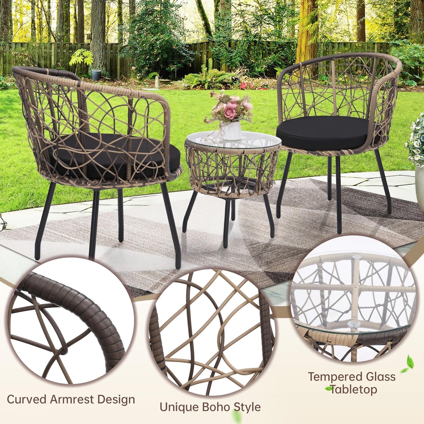 Kromax 3 Piece Bistro Set, Modern Outdoor Wicker Patio Furniture with Tempered Glass Table Top and 2 Chairs, Washable Cushions, Natural Rattan and Black Cushion