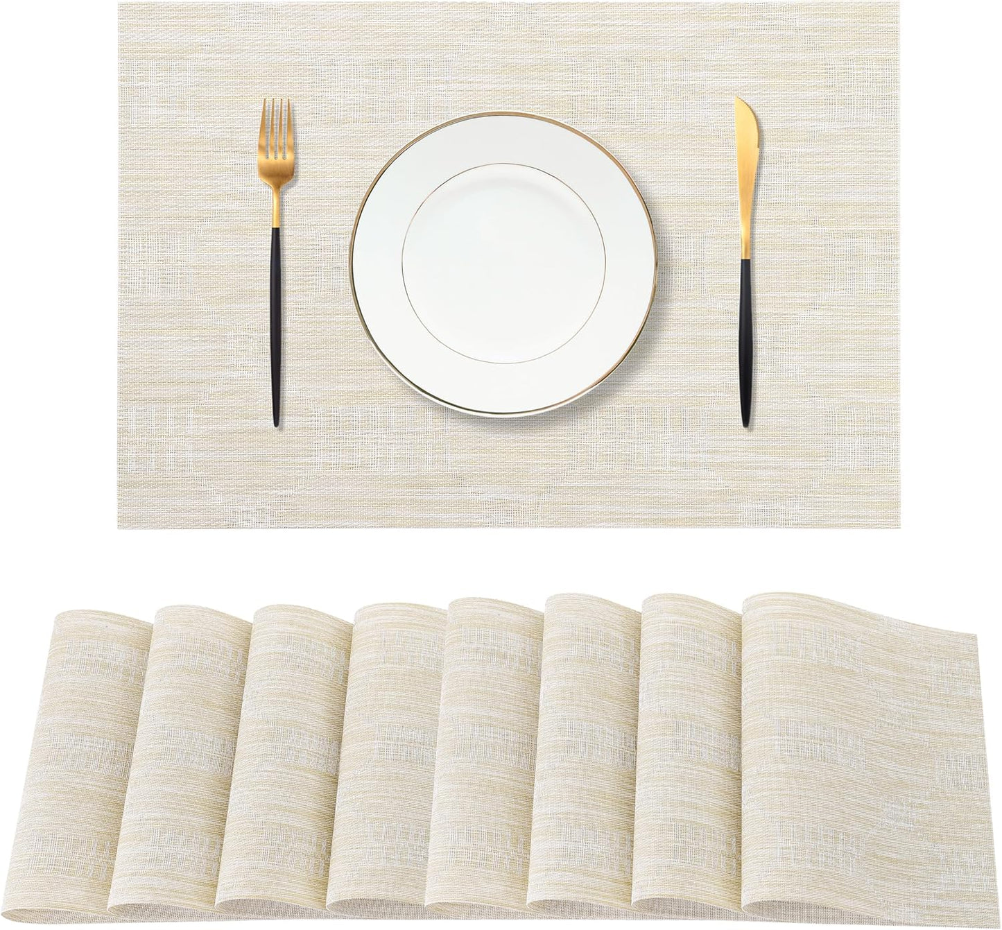 Leetaltree Wheat Placemats Set of 8 - Heat Resistant Non-Slip Place mats for Dining Table, Washable Durable PVC Vinyl Woven Table Mats（Wheat, 8）