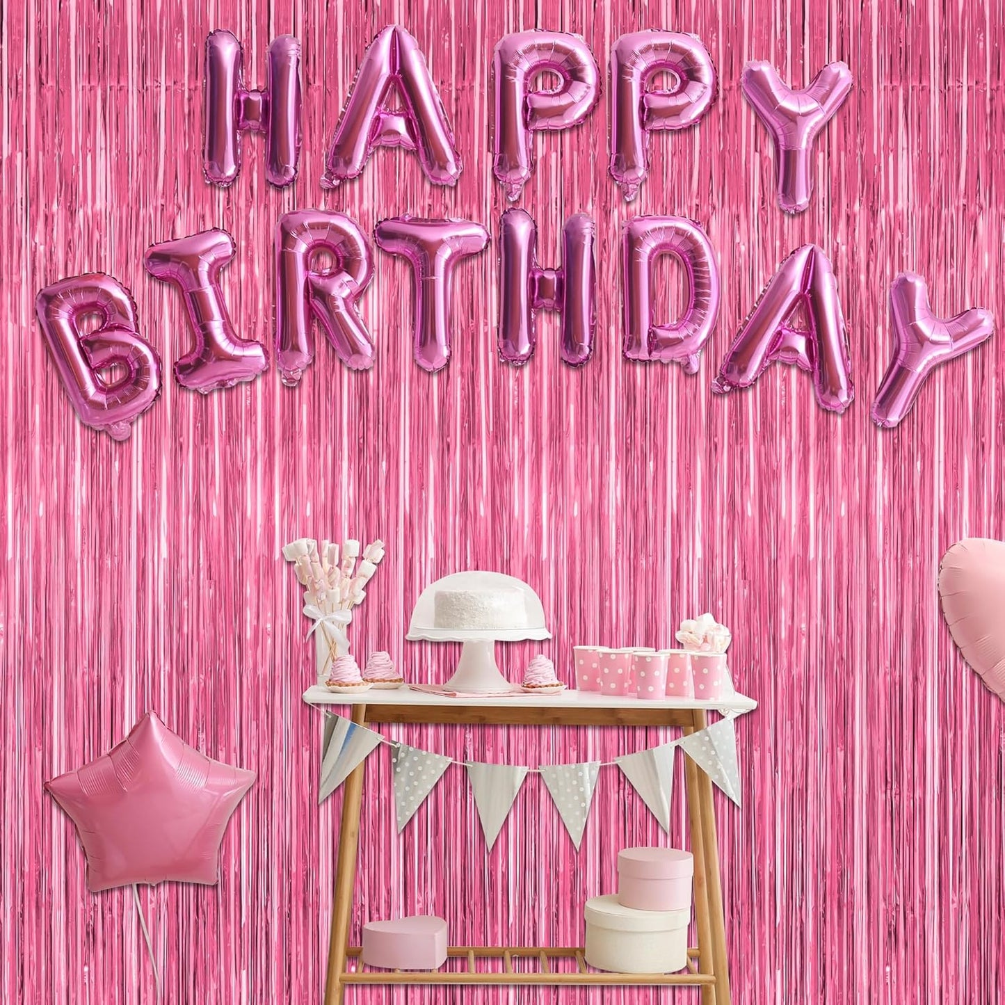 2 Pack Pink Party Decorations, 3.28 FT x 7.05 FT Pink Backdrop, Metallic Tinsel Backdrop Fringe Curtains Backdrop Curtains, Photo Backdrop Party Supplies Birthday Party Decorations