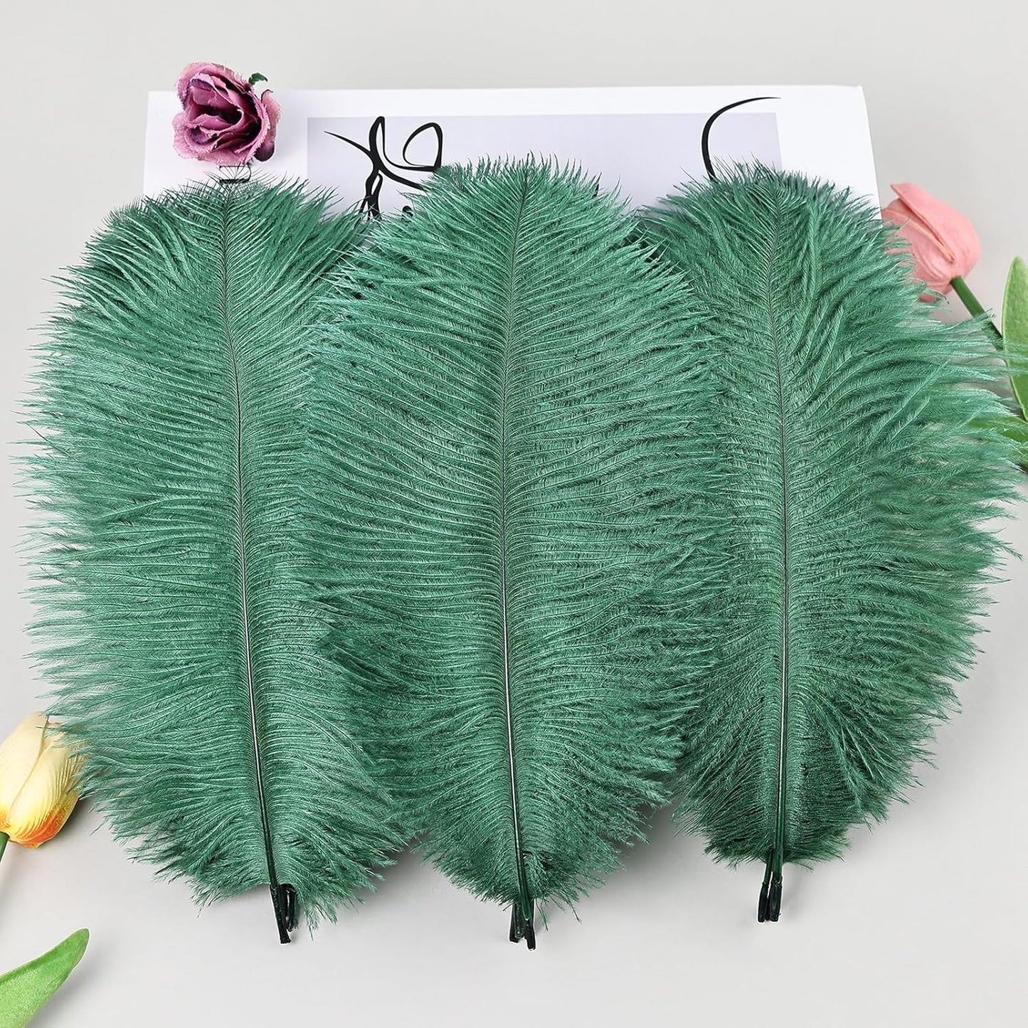 THARAHT Blackish Green Ostrich Feathers 12pcs Natural Bulk 8-10Inch 20cm-25cm for Crafts Wedding Party Centerpieces Mardi Gras Decoration Feather