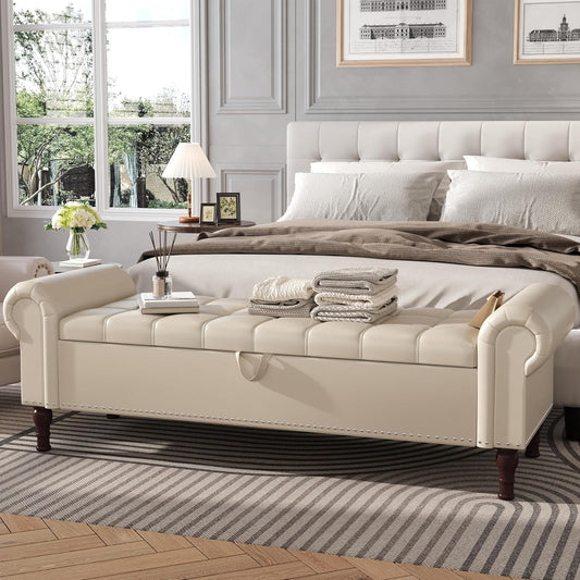 Apicizon 60”Storage Ottoman Bench, Soft Faux Leather Indoor Bench with Rolled Arm and Vintage Rivets, Large Storage Chest for Bedroom, Living Room, Entryway，Beige & Brown Legs