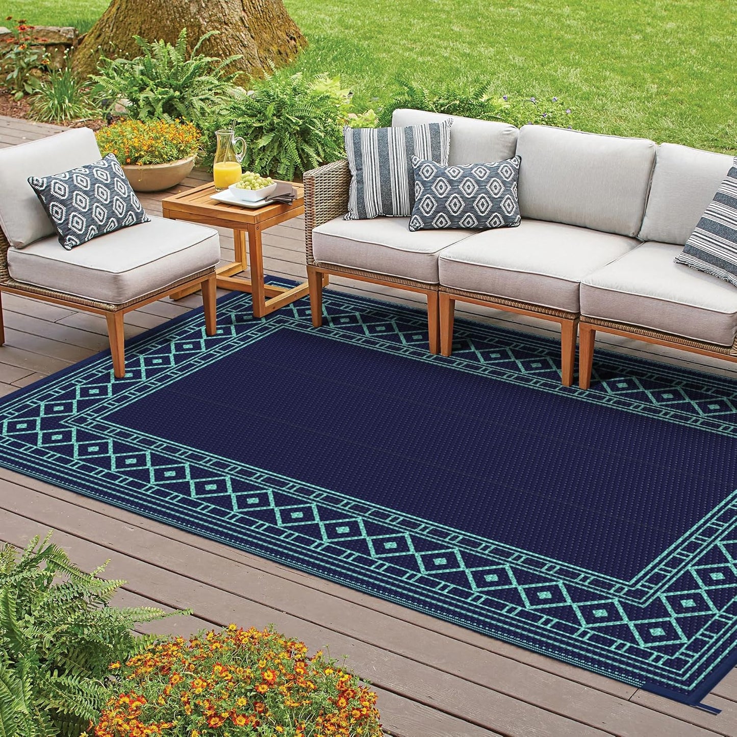 GENIMO Outdoor Rug Waterproof 6'x9' for Patio, Foldable Reversible Plastic Straw Carpet, Outside Area Mat for Patios, Rv, Deck, Picnic, Porch, Camper, Balcony, Beach, Navy Blue & Jade Green