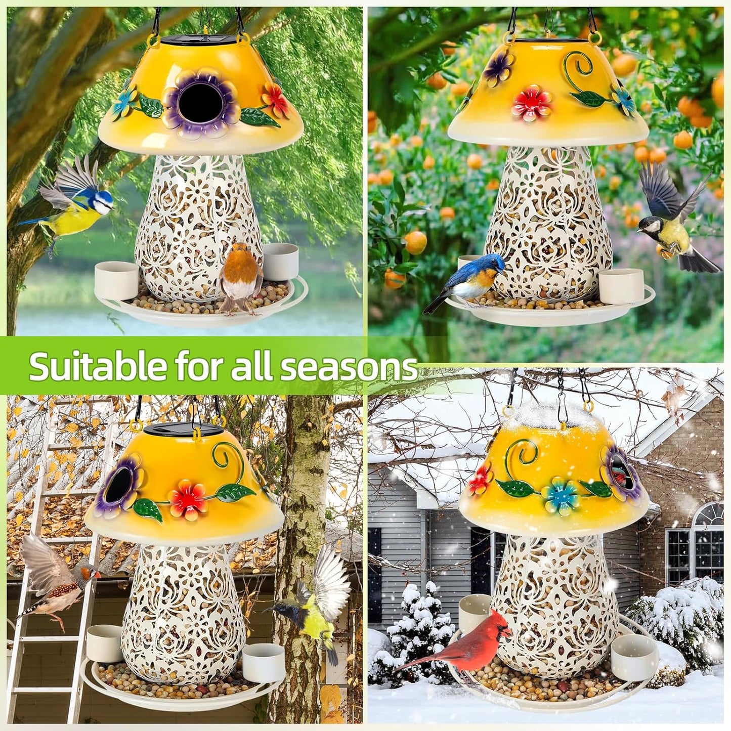 Mushroom Solar Bird Feeders for Outdoors Hanging Metal Wild Bird Feeder Garden Lantern with S Hook for Garden Decoration Yellow