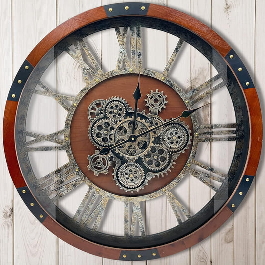 DORBOKER 36" Original Moving Gears Wall Clock, Large Industrial Wall Clock for Living Room Decor,Oversized Wood Vintage Farmhouse Steampunk Rustic Clocks for Wall Decor,Black Walnut