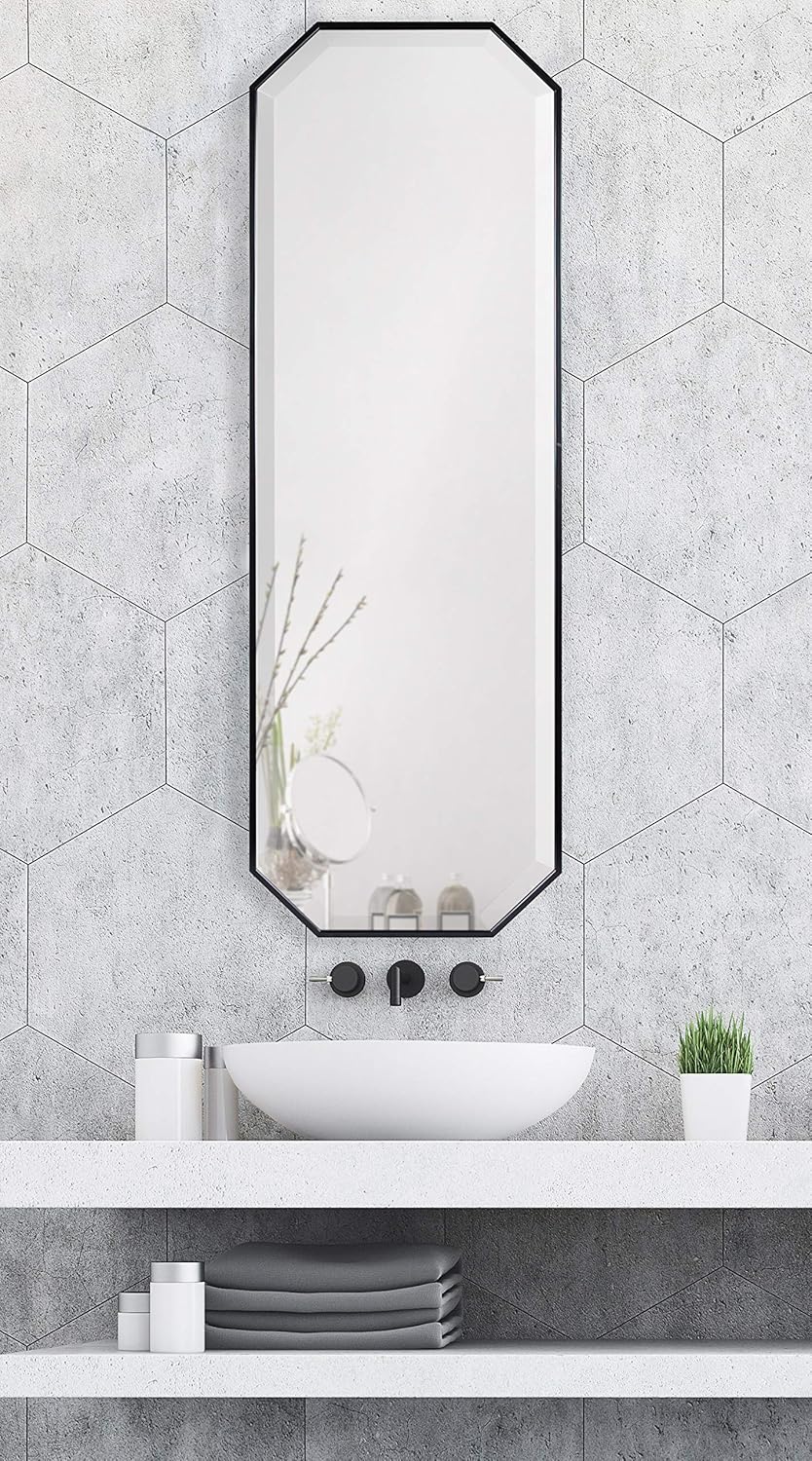 Kate and Laurel Rhodes Modern Full Length Octagon Wall Mirror, 16 x 48, Black, Decorative Glam Geometric Wall Accent