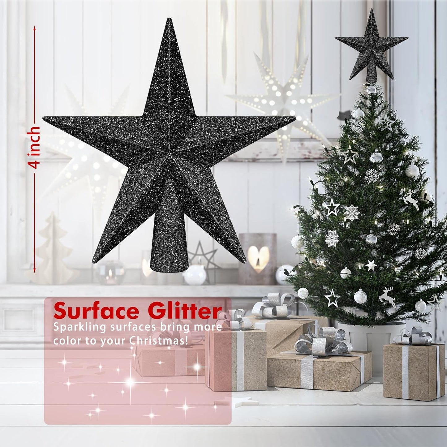 1PCS Christmas Star Tree Topper, 4" Black Christmas Tree Topper Decorations, 3D Glitter Shatterproof Mini Bethlehem Star Tree Decor, Waterproof Christmas Tree Topper for Holiday Indoor Ornament