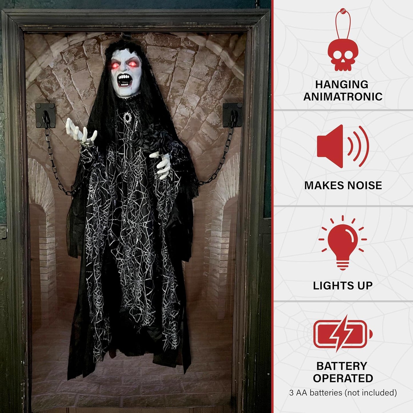 Haunted Hill Farm Animatronic Scary Demon Widow Door Greeter with Touch Activated Lights and Sound, Battery-Operated Indoor or Covered Outdoor Halloween Decoration