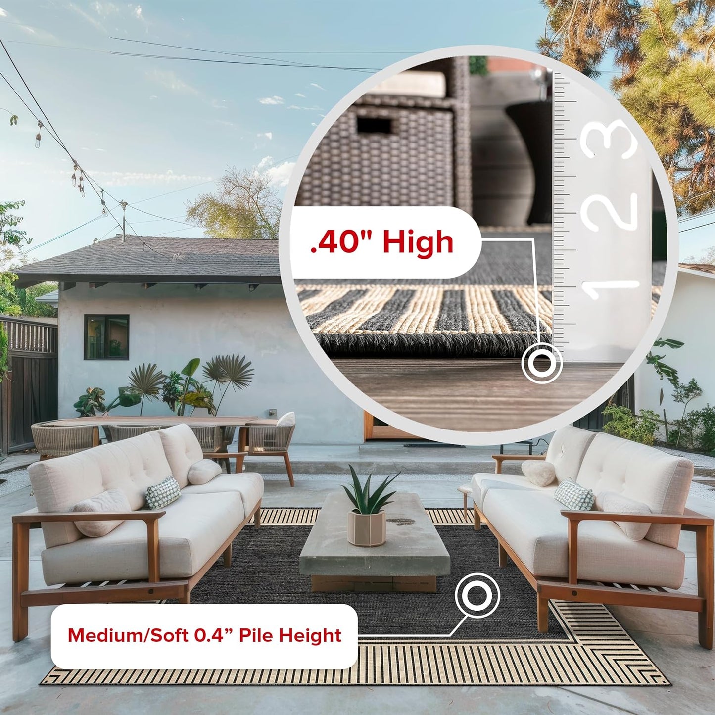 nuLOOM 2' x 3' Outdoor Area Rug, Casual Design With Striped Border, Stain Resistant, Highly Durable, For Patio, Balcony, Bedroom, Living Room, Dining Room, Bathroom, Dark Grey