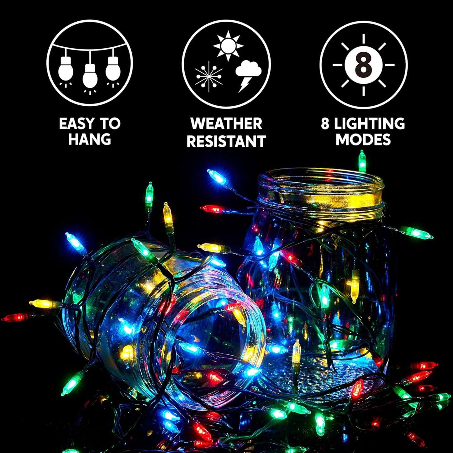Joiedomi LED Christmas String Lights,200 Count 66.3FT Battery Operated Christmas Tree Fairy Lights with 8 Modes,Multifunction Green Wire for Xmas Decor Party Holiday House,Multicolor