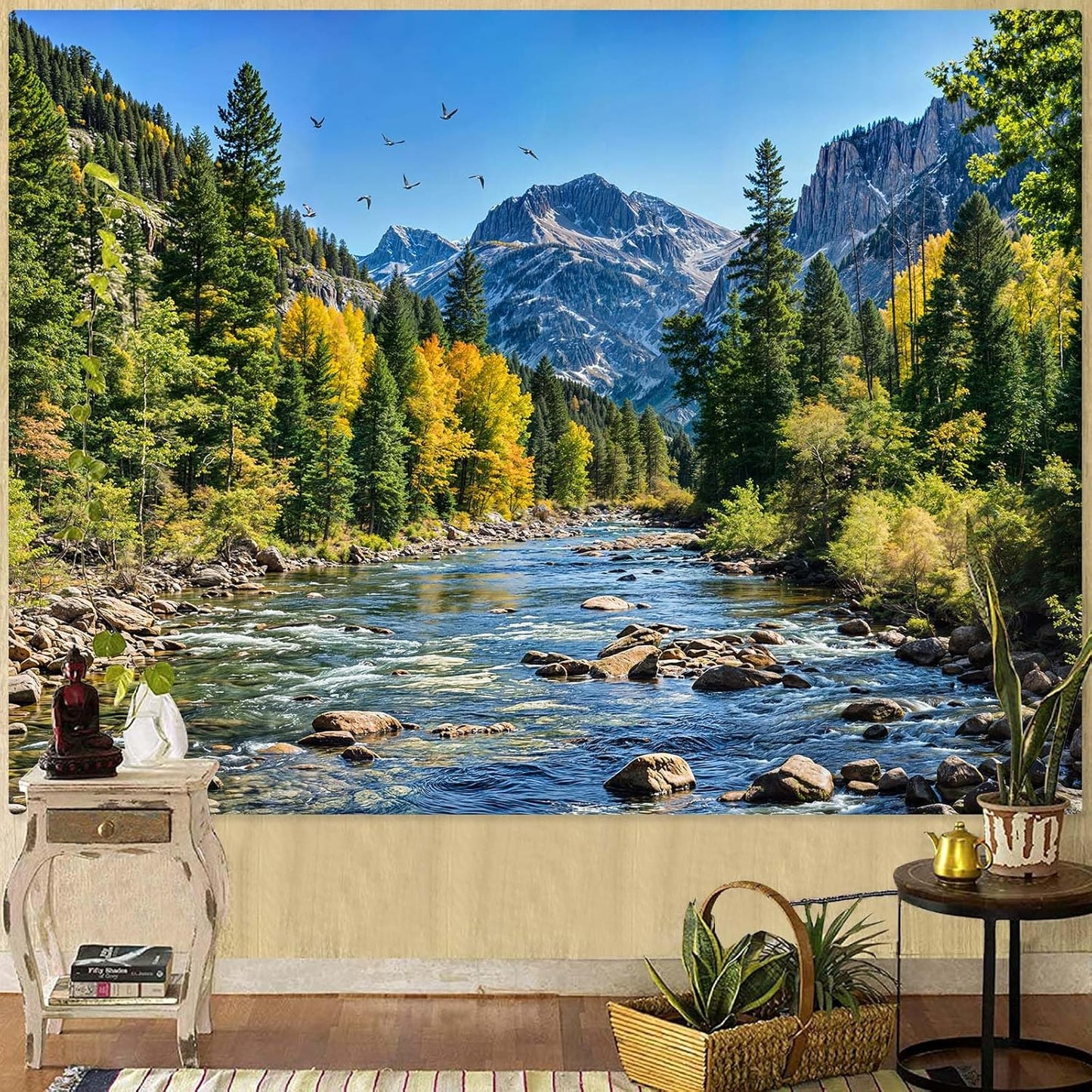 AMM Nature Forest Mountain Tapestry Green Pine Tree Tapestry for Bedroom Aesthetic Flowing River Landscape Tapestries Wall Hanging Bird Decor for Living Room Classroom Dorm Office