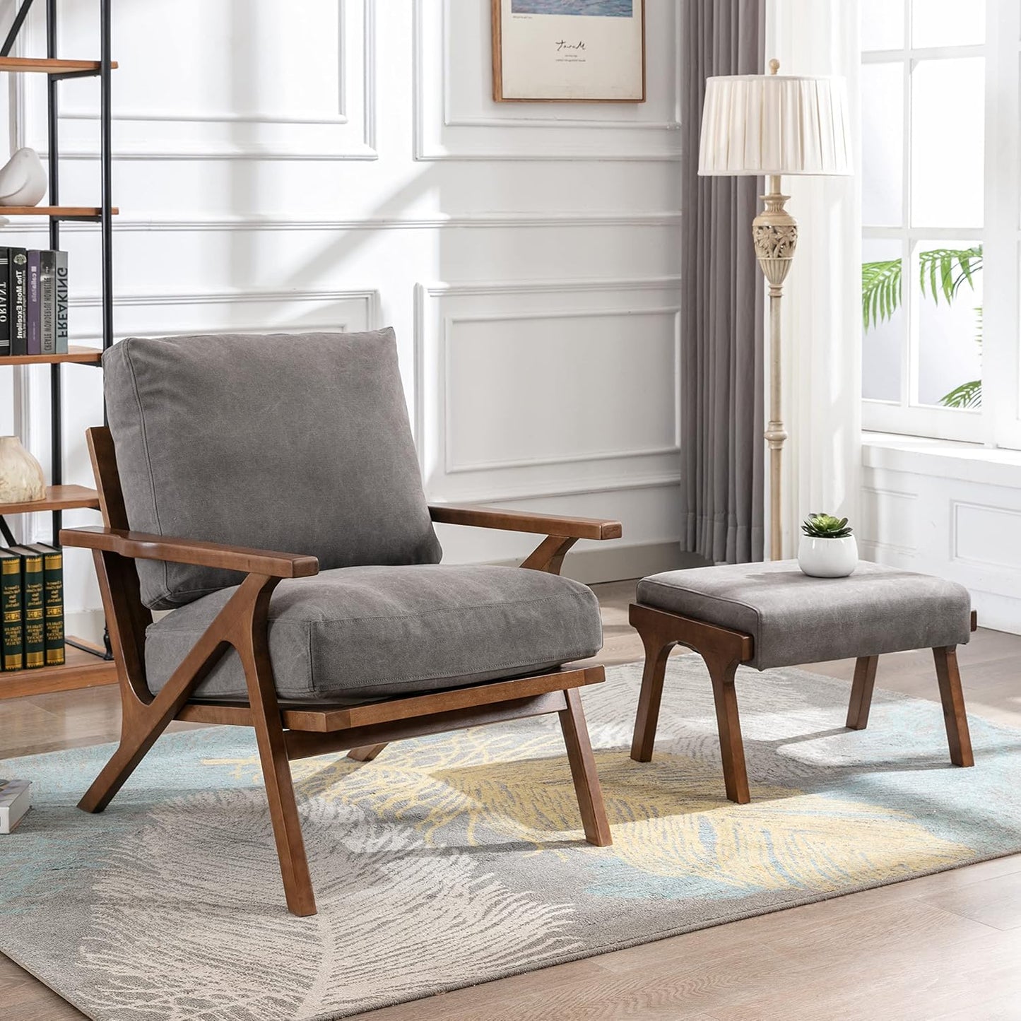 chairus 2 Sets Mid-Century Modern Accent Chairs with Ottoman, Linen Fabric Armchair with Wood Legs Comfy Upholstered Single Sofa Chair for Living Room/Bedroom/Lounge, Grey