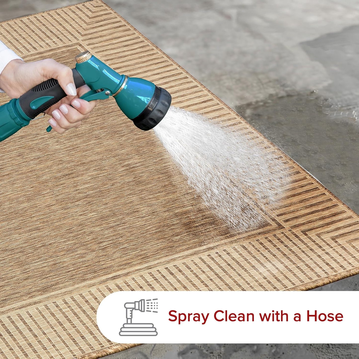 nuLOOM 6'7" Round Outdoor Area Rug, Casual Design With Striped Border, Stain Resistant, Highly Durable, For Patio, Balcony, Bedroom, Living Room, Dining Room, Bathroom, Light Brown