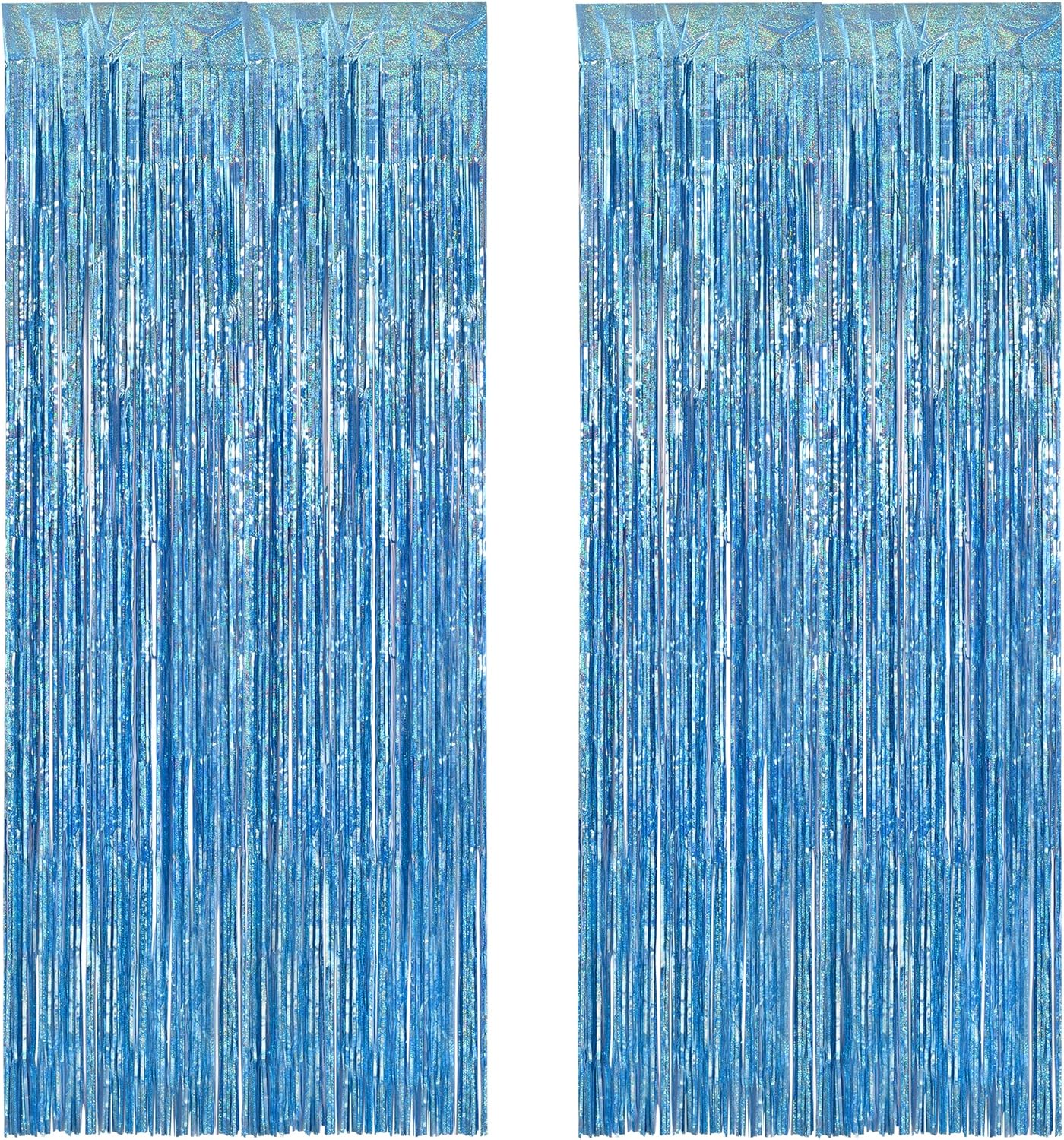 BRAVESHINE Light Blue Tinsel Foil Fringe Curtains - 2Pcs 3.2x8.2 ft Metallic Holiday Photo Booth Backdrop for Easter Birthdays Mermaid Frozen Sea Bachelorette Party Streamers Decorations