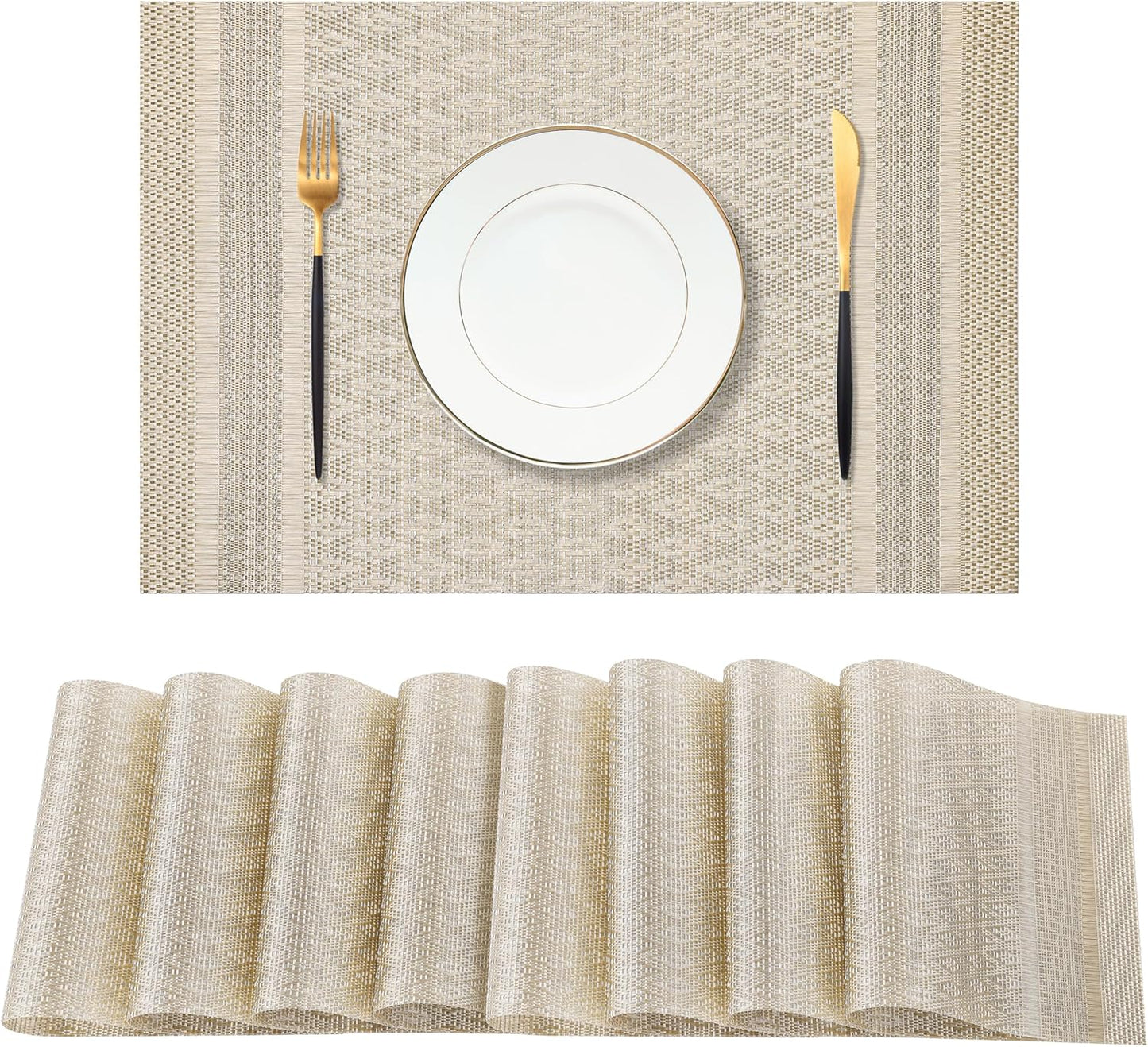 Leetaltree Stardust Yellow Placemats Set of 8 - Heat Resistant Non-Slip Place mats for Dining Table, Washable Durable PVC Vinyl Woven Table Mats（Stardust Yellow, 8）