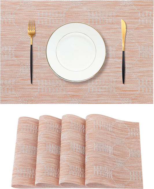Leetaltree Coral Placemats Set of 4 - Heat Resistant Non-Slip Place mats for Dining Table, Washable Durable PVC Vinyl Woven Table Mats（Coral, 4）