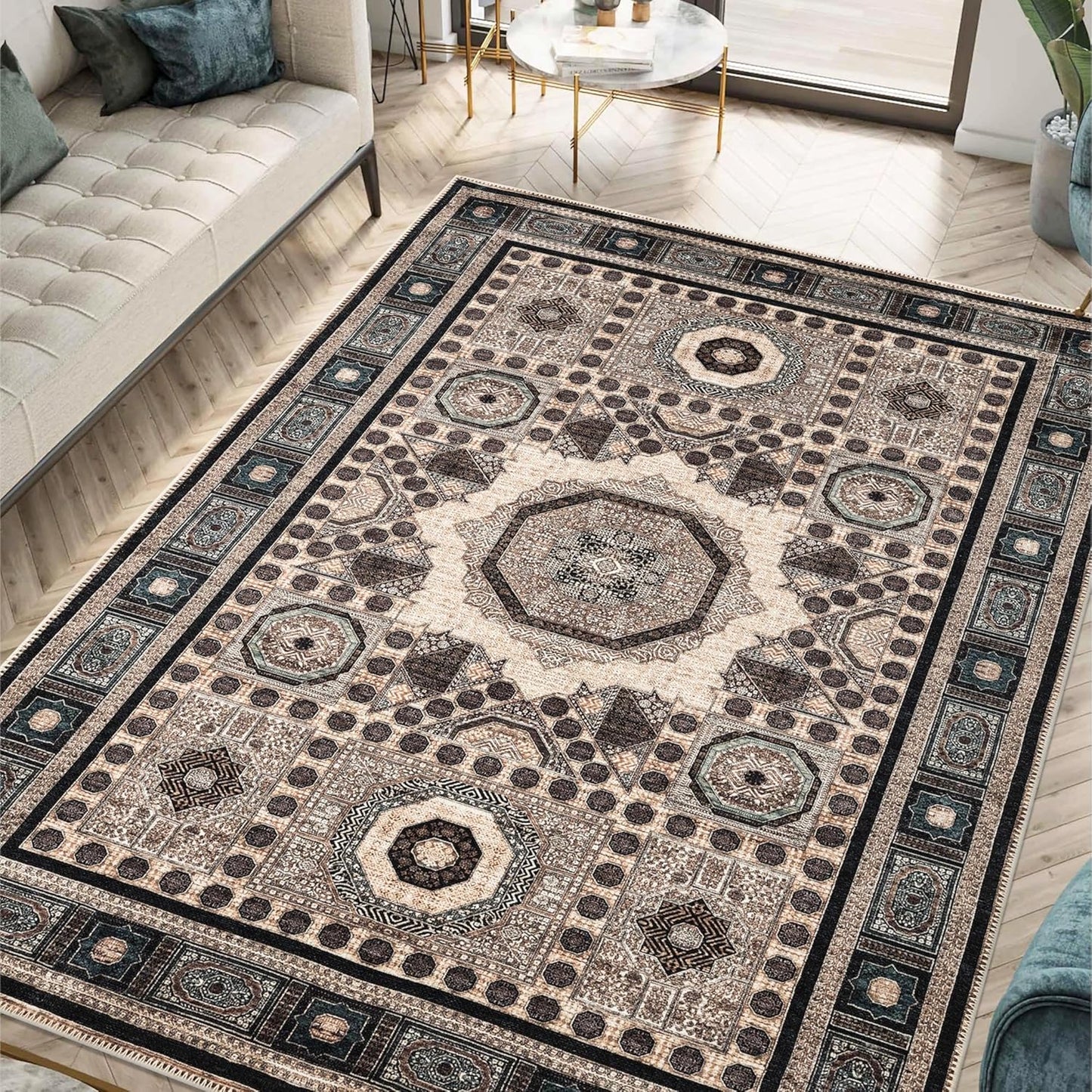 Keen Home Design 8x10 Rug - Machine Washable Area Rug with Non-Slip Backing, Ideal for Living Room, Dining Room, Bedroom - Vintage, Easy Clean, Durable, Low Pile Rug - (8' x 10')