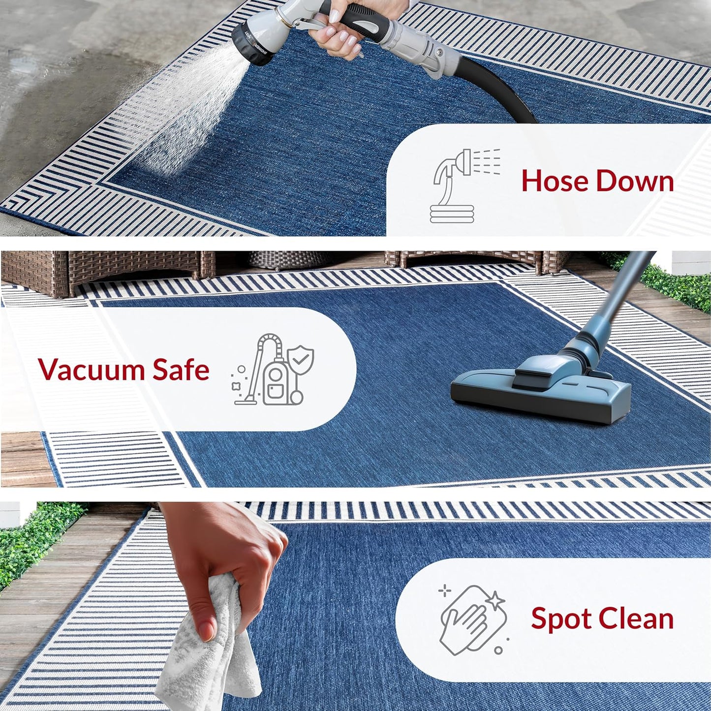 nuLOOM 2' x 3' Outdoor Area Rug, Casual Design With Striped Border, Stain Resistant, Highly Durable, For Patio, Balcony, Bedroom, Living Room, Dining Room, Bathroom, Navy