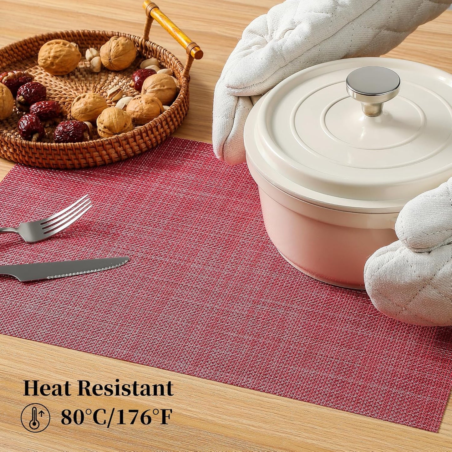 Leetaltree Red Placemats Set of 12 - Heat Resistant Non-Slip Place mats for Dining Table, Washable Durable PVC Vinyl Woven Table Mats（Red, 12）