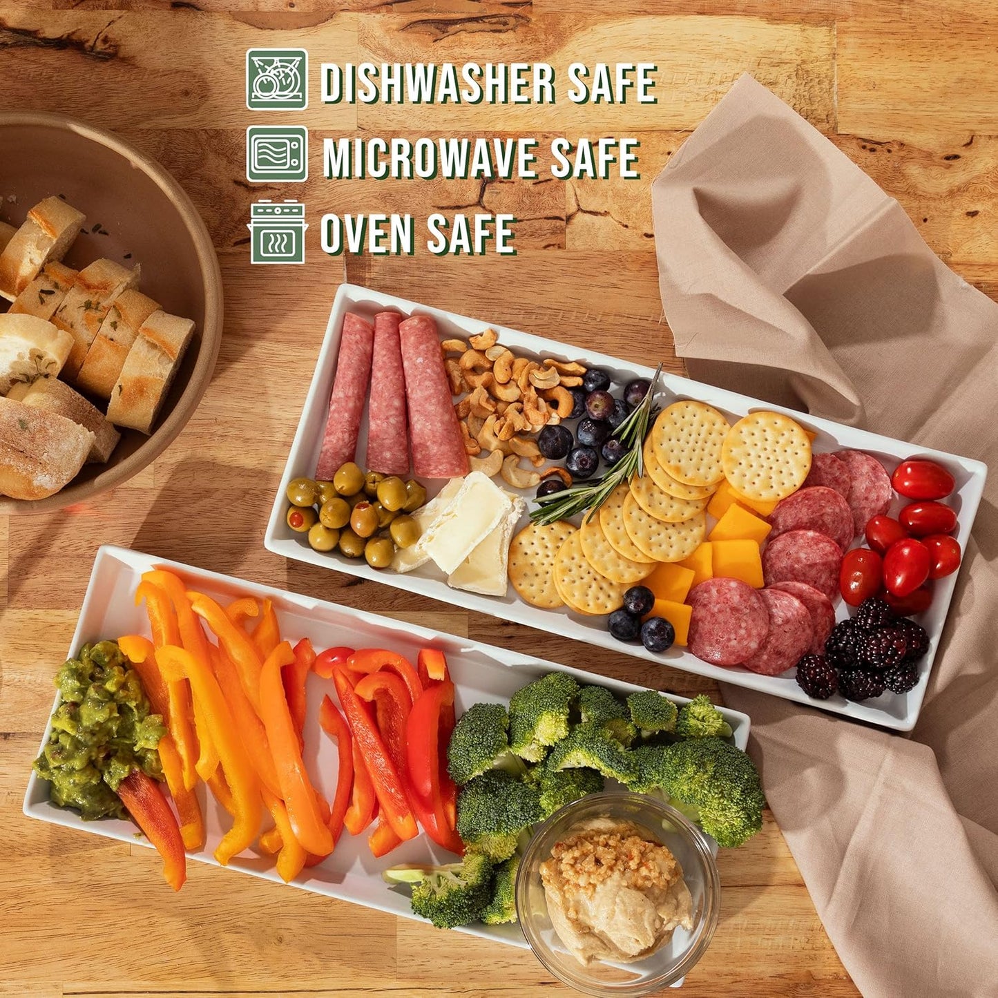 Home Beets White Ceramic Serving Platters (14 x 6 Inch Rectangle Plates) Serving Dishes for Entertaining, Food, Appetizers, Desserts, Cheese Board, Charcuterie, Sushi - Set of 4 Party Serving Trays