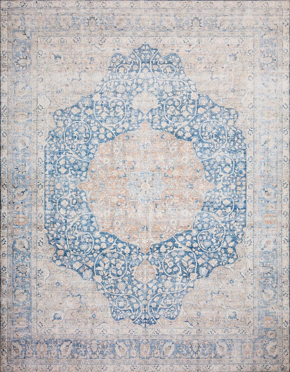Loloi Layla Collection LAY-07 Blue/Tangerine 3'-6" x 5'-6" .13" Thick Accent Rug, Soft, Durable, Vintage Inspired, Distressed, Low Pile, Non-Shedding, Easy Clean, Printed, Living Room Rug
