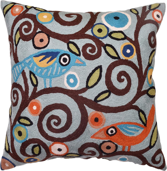 Tree of Life Birds Pillow Cover Teal Blue Floral Pillowcase Botanical Floral Outdoor Suzani Cushions Traditional Flower Cushion Hand Embroidered Cushions Wool Size - 18x18