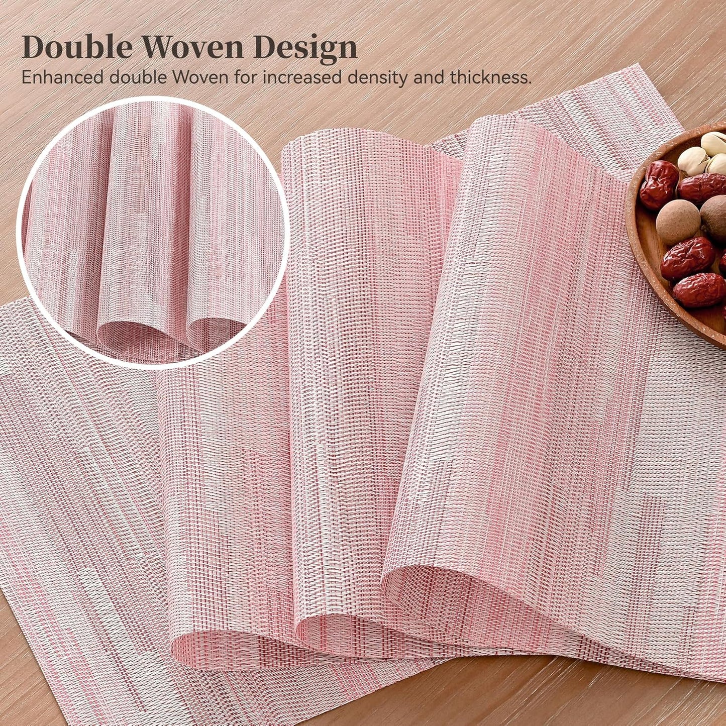 Leetaltree Misty Rose Placemats Set of 4 - Heat Resistant Non-Slip Place mats for Dining Table, Washable Durable PVC Vinyl Woven Table Mats（Misty Rose, 4）