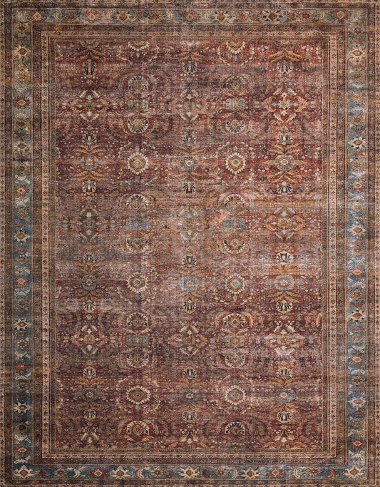 Loloi Layla Collection LAY-01 Brick/Blue 9'-0" x 12'-0" .13" Thick Area Rug, Soft, Durable, Vintage Inspired, Distressed, Low Pile, Non-Shedding, Easy Clean, Printed, Living Room Rug