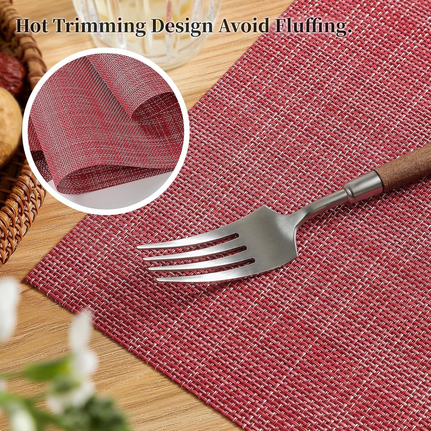 Leetaltree Red Placemats Set of 12 - Heat Resistant Non-Slip Place mats for Dining Table, Washable Durable PVC Vinyl Woven Table Mats（Red, 12）