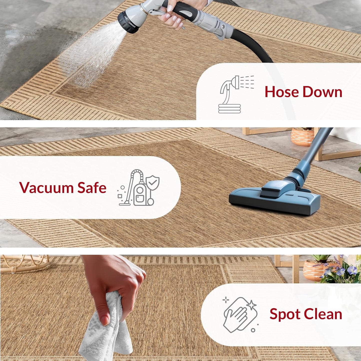 nuLOOM 8' x 10' Outdoor Area Rug, Casual Design With Striped Border, Stain Resistant, Highly Durable, For Patio, Balcony, Bedroom, Living Room, Dining Room, Bathroom, Light Brown