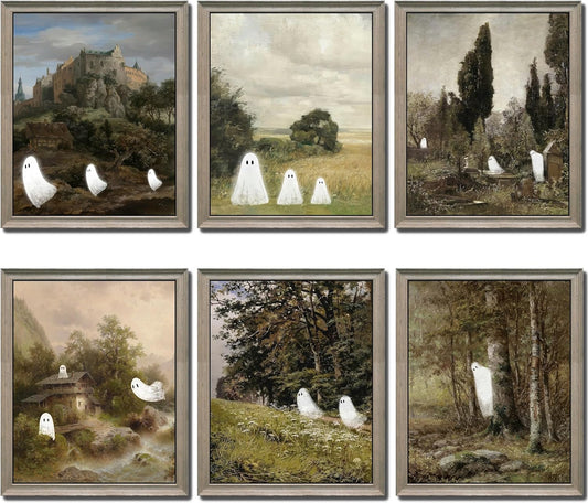 LANCHI95 6 Pcs 8x10in Halloween Wall Art Prints, Vintage Posters, Cute Ghost Pictures for Bedroom Decor (UNFRAMED)