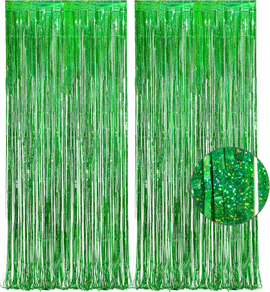 Green Tinsel Curtain Party Backdrop - GREATRIL Foil Fringe Streamers for St Patrick’s Day/Luau/Turtle/Hawaiian/Dinosaur/Ghost/Football/Christmas Decorations 2 Packs