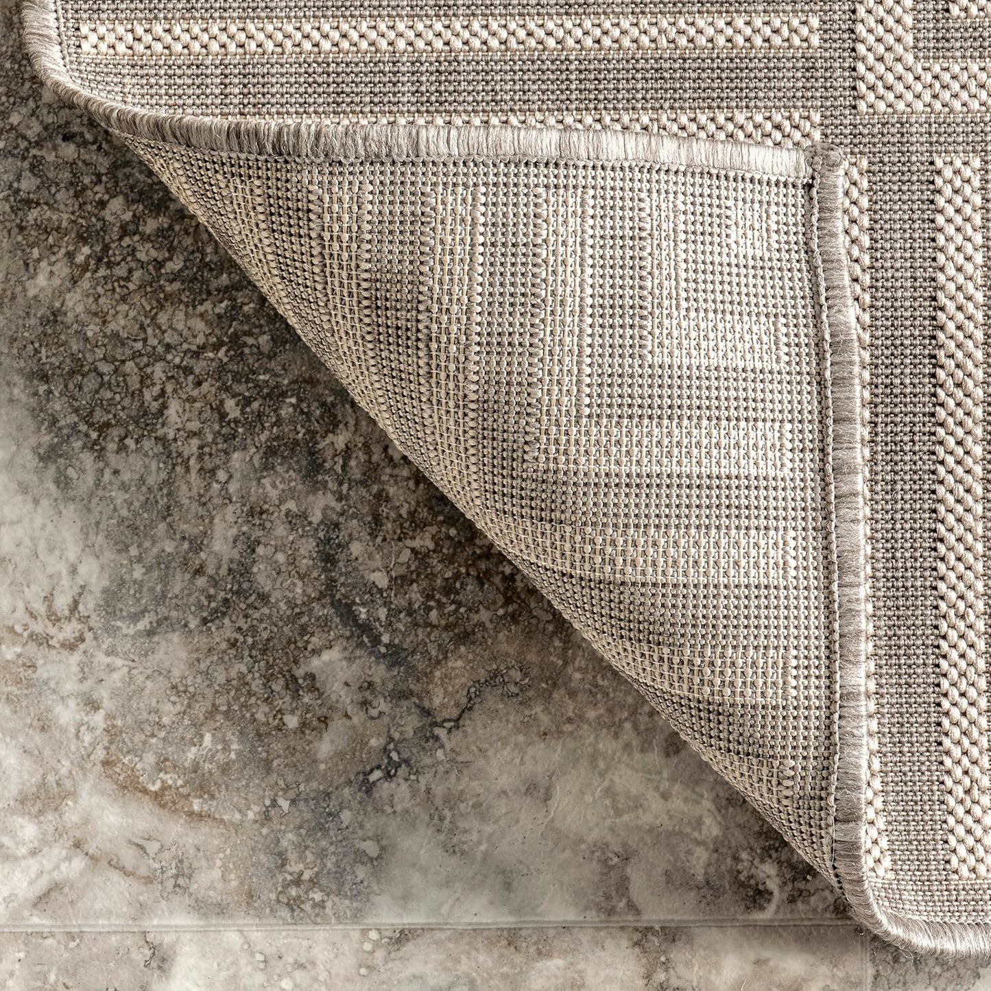 nuLOOM 2' x 8' Outdoor Area Rug, Casual Design with Striped Border, Stain Resistant, Highly Durable, for Patio, Balcony, Bedroom, Living Room, Dining Room, Bathroom, Light Grey